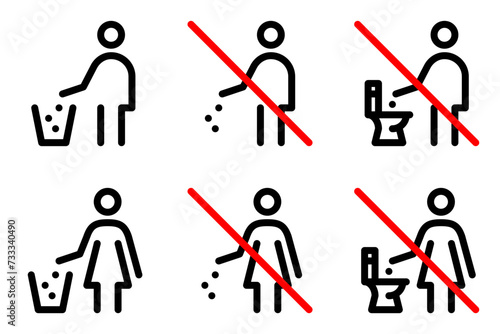 Do not litter line icon isolated on white background. Please keep this area clean outline sign. Do not throw trash in toilet bowl pictogram in linear style. Editable stroke. Vector graphics