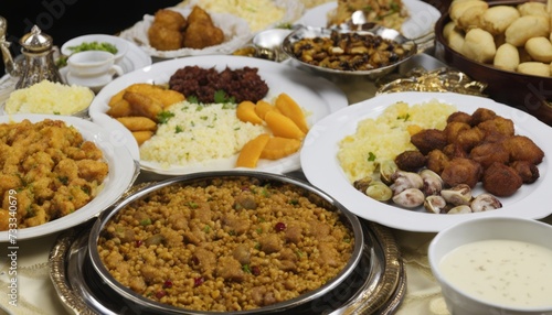A table full of food, including rice and vegetables