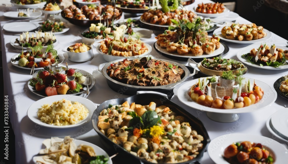 A table full of food with various dishes and plates