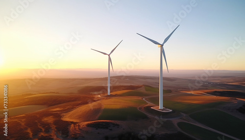 Wind turbines in a wind farm on a hill. Landscape photo, aerial view, blue sky, sunrise, sunset. Future generations. Energy transition, sustainable electricity from wind. Clean energy. 