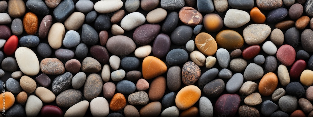 Neatly arranged pebbles of various sizes and hues. rock, gravel, pebble texture pattern gravel full frame stone background Neatly arranged pebbles of various sizes and hues. rock, gravel, pebble texture pattern gravel full frame stone background