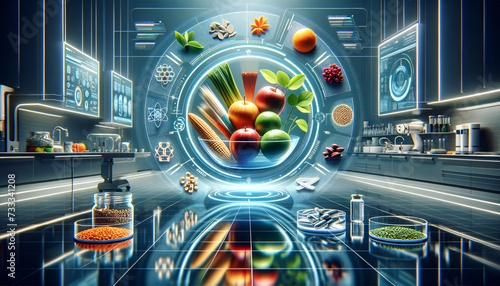Futuristic Functional Foods: Innovative, vibrant, and health-focused products in a high-tech kitchen.