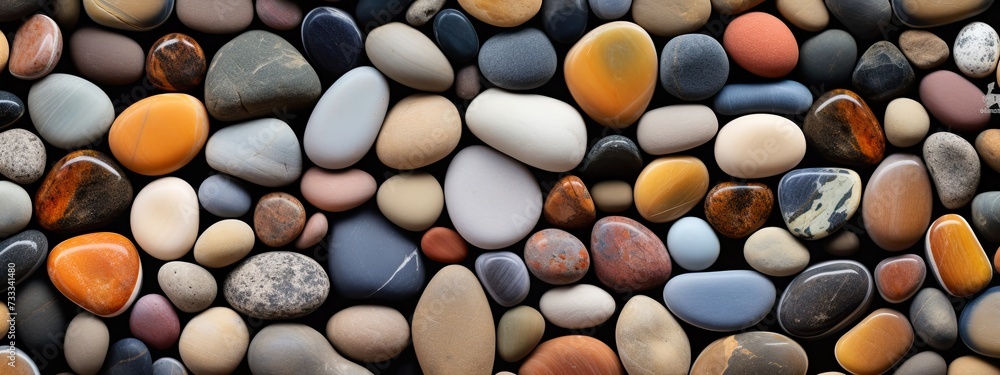 Neatly arranged pebbles of various sizes and hues. rock, gravel, pebble texture pattern gravel full frame stone background Neatly arranged pebbles of various sizes and hues. rock, gravel, pebble texture pattern gravel full frame stone background