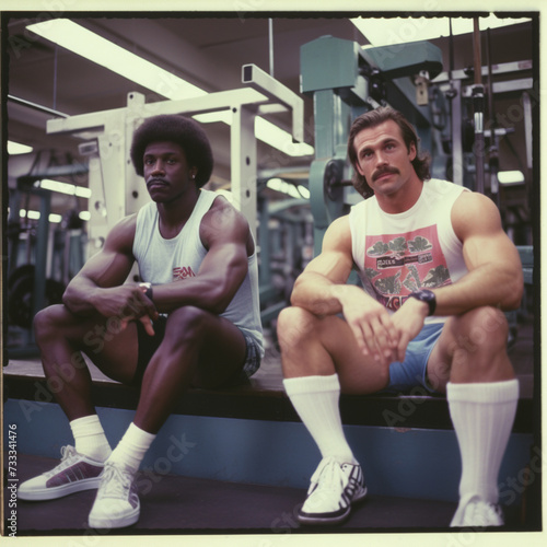  two guys in the 1980s are sit flat bench in the gym, their attire reflecting the fashion of the era. Captured with a Polaroid 600, the photo exudes a nostalgic and retro vibe.  photo