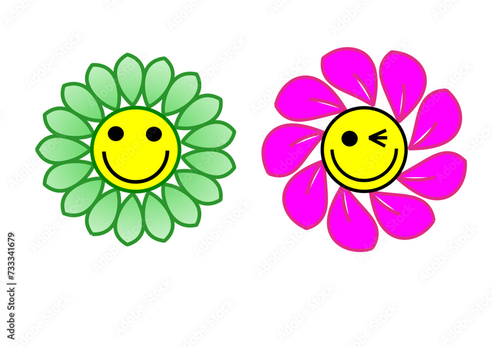 green, pink, cute funny yellow smileys flowers cartoon illustration set. 
happy face, colorful, idea for t-shirt, mugs, stickers or other sublimation projects. 