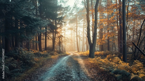 A serene forest scene with an earthy path winding through. Sunlight streams through the trees  illuminating the scene with a warm  golden light that highlights the autumn leaves. The forest is a mix o