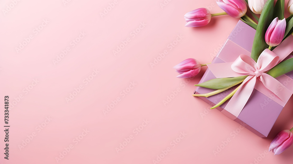 Top view photo of stylish pink giftbox with ribbon bow and bouquet of tulips on pink background, Happy birthday, marriage day, congratulations, women's day