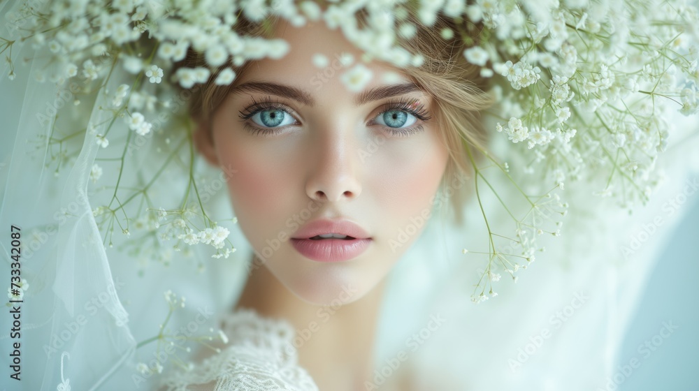 Woman With Blue Eyes Wearing Veil and Flowers in Her Hair Woman With Blue Eyes Wearing Veil and Flowers in Her Hair