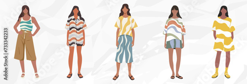 Mädchen in Oversize Sommerkleidung und Shorts mit Wellenmustern // Minimalistische Vektor Illustrationen