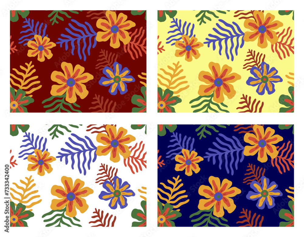 set of tropic flowers backgrounds,tropical flowers and coral leaves on summer backgrounds. Flowers vector seamless pattern.