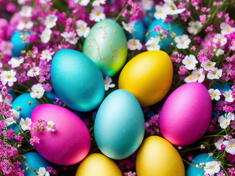 Different colorful Easter eggs and gypsophila flowers on light background with space for text.