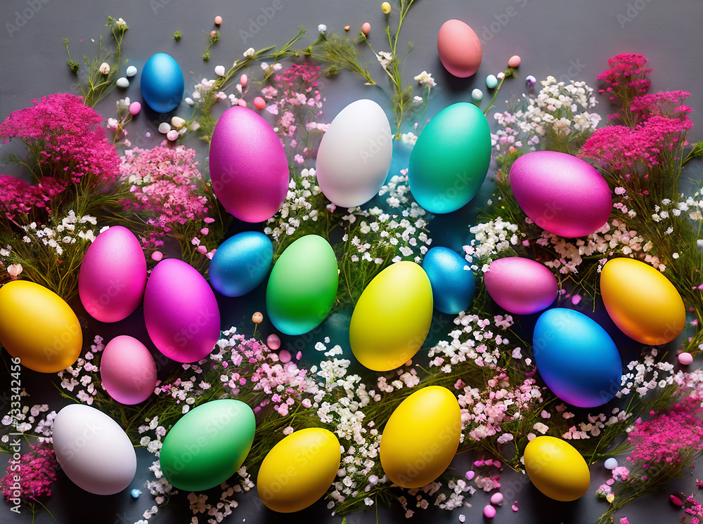 Different colorful Easter eggs and gypsophila flowers on light background with space for text. Different colorful Easter eggs and gypsophila flowers on light background with space for text.