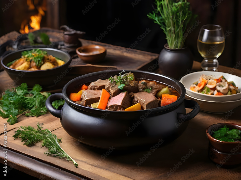 Stewed lamb with vegetables and fish dishes