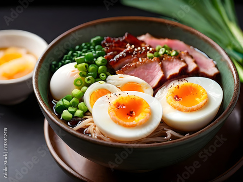 Vibrant and appetizing image of a bowl of ramen, topped with a soft-boiled egg, char siu, and green onions.