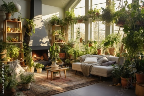 a living room filled with lots of potted plants