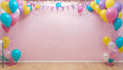 birthday or anniversary balloons and confetti decoration for surprise parties event setup as wide banner with copy space area 