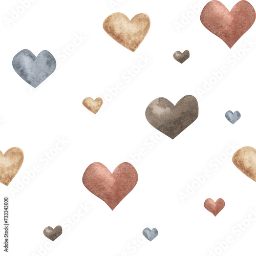 Stylish pattern with watercolor love hearts. Brown and beige, grey seamless background, Digital paper boho textile hand drawn . Valentine day. Nursery wallpapet, fabric, textile.