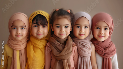 Group of happy multi ethnic children. White, black, asian, arab, south east asia, india ,generative ai. © Suralai