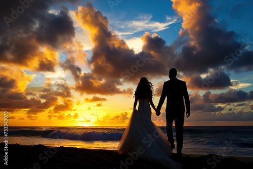 A bride and groom, newly united in marriage, leisurely walk along the shoreline of a picturesque beach, perfectly silhouetted against the setting sun. photo
