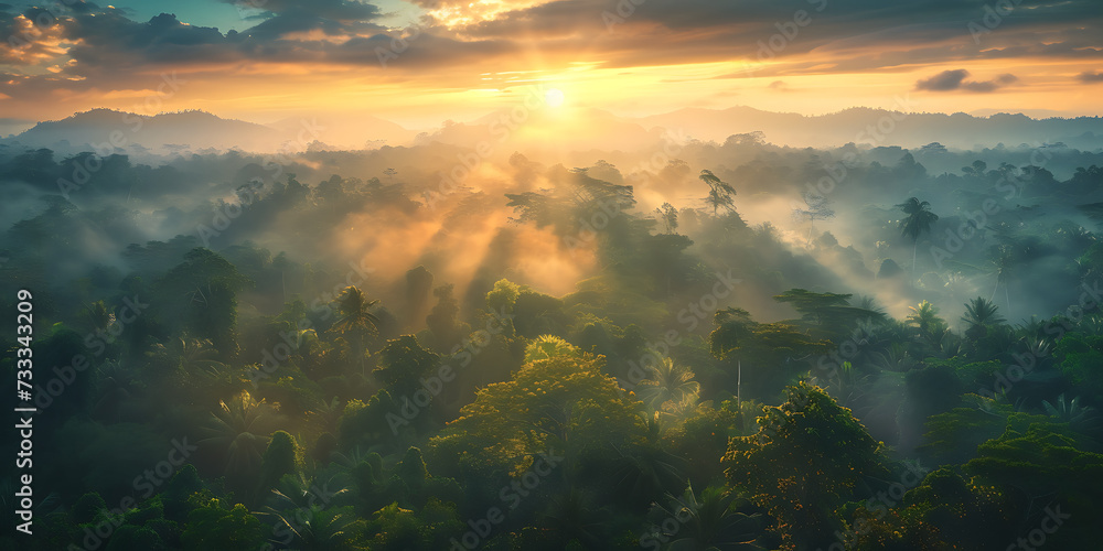 the sun is rising above a lush forest area in indones
