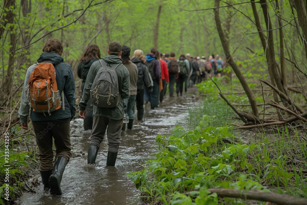 A group of individuals walking together through a lush hardwood forest surrounded by spring-fed wetlands.