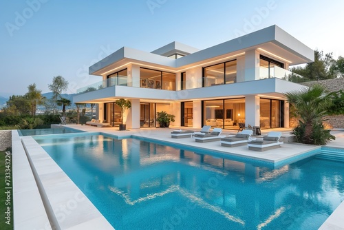 Modern white cement villa with pool, two floors and mountain views, Mediterranean style.