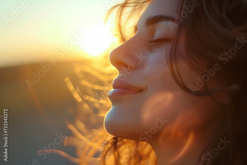 A womans face is seen in close-up as the sun sets.