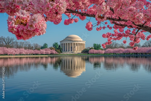 A photograph of the Jefferson Memorial in Washington, D.C. during cherry blossom season, showcasing the prominent memorial and the vibrant cherry blossom trees that surround it.