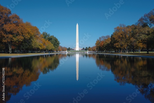 The Washington Monument is seen reflecting in the calm waters of the reflecting pool.