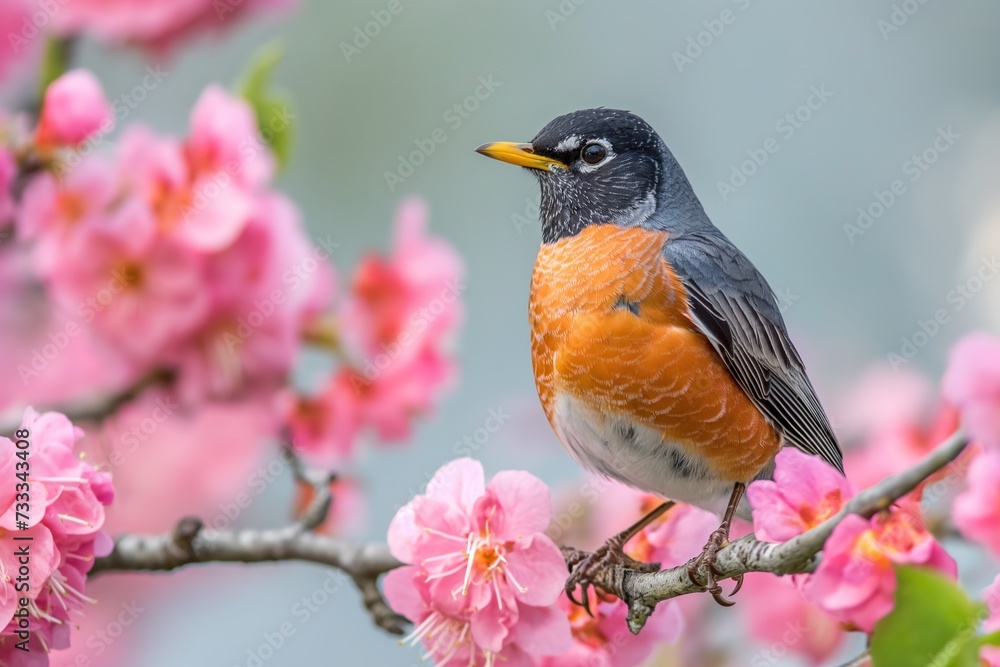 A vibrant American Robin is seen perched among pink cherry blossoms, a classic sign of spring in a backyard ecosystem. A vibrant American Robin is seen perched among pink cherry blossoms, a classic sign of spring in a backyard ecosystem.