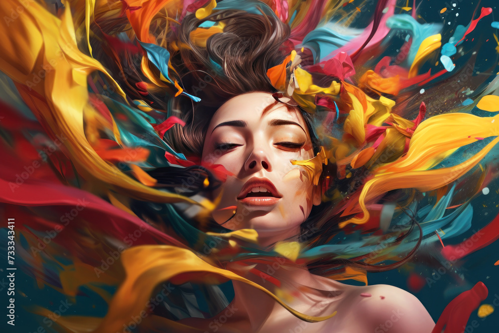 Dynamic digital art of a woman with a vibrant cascade of abstract shapes.