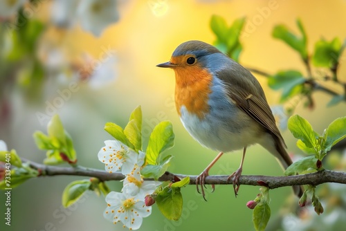 A vibrant European Robin rests delicately on a blossoming branch, bathed in the soft, warm glow of the morning sunlight.