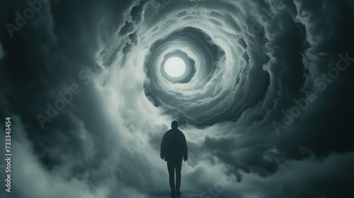 A man walking towards a bright light in dark swirl clouds