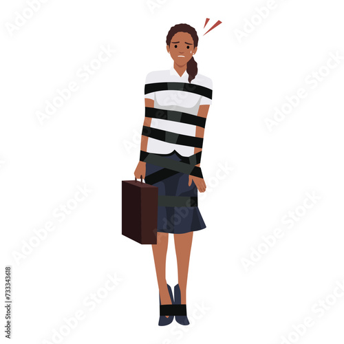 Scared Woman Tied Up with Rope or tape. Business Problems holding briefcase. Flat vector illustration isolated on white background