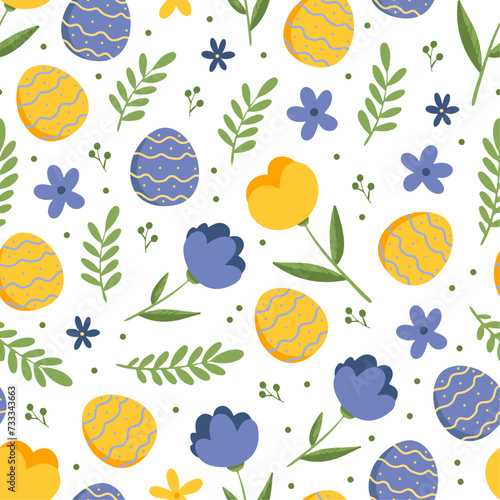 Cartoon pattern with Easter eggs and flowers on white background. Cute vector Easter design for wrapping paper, gifts, textile desing.