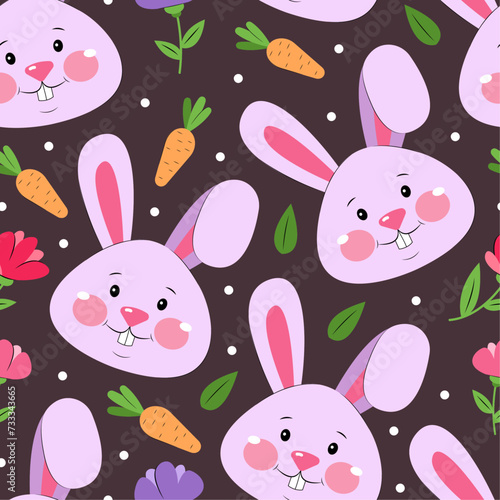 Vector seamless pattern with purple rabbits and carrots on dark background, cute Easter wrapping paper, textile design, gifts paper