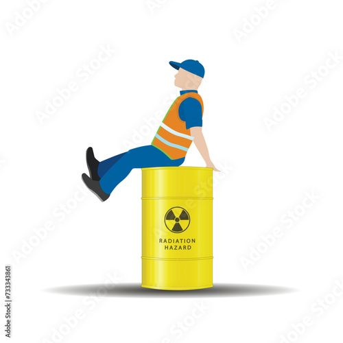 A man sits on a yellow barrel with radioactive waste. Radiation hazard. Vector.