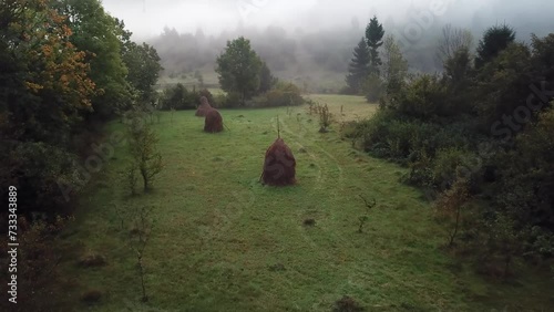 Fog morning over the haystacks in a clearing on a slope against the background of green trees in the village in summer. Harvesting hay for livestock. Misty morning in the countryside 4k cinematic