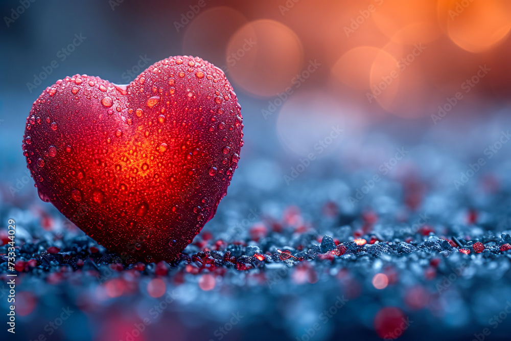 Fototapeta premium Red glittered heart on blue bokeh background. Valentines day greeting card.