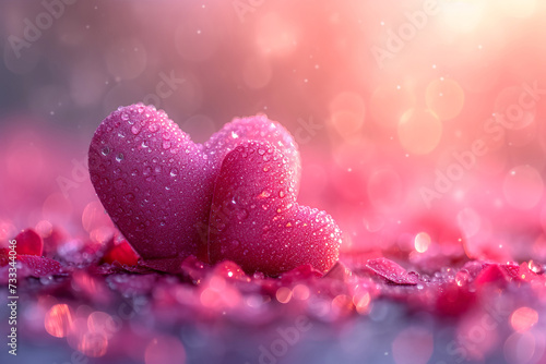 Pink glittered hearts on bokeh background. Valentines day greeting card.