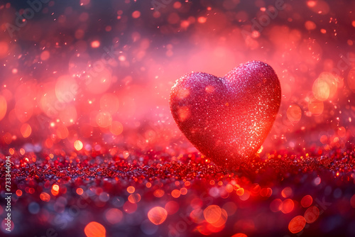 Red glittered heart on red bokeh background. Valentines day greeting card.