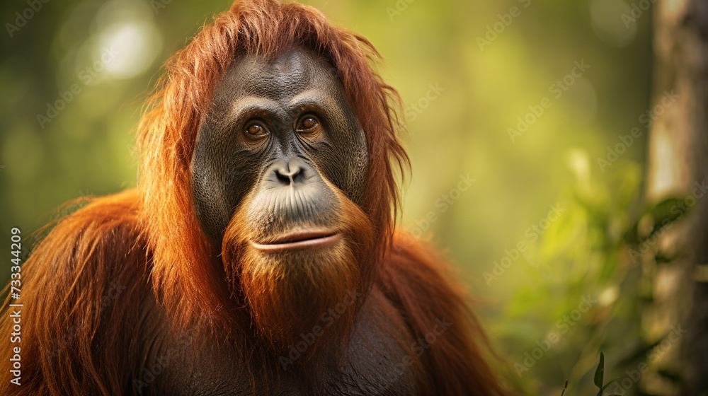 Close up portrait of orangutan in his natural habitat