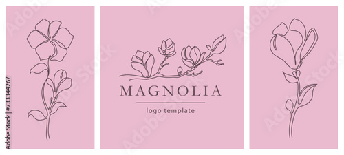 Magnolia flowers emblem. Elegant line-drawn blooming branches, minimalist floral design vector template