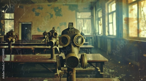 students with sovietic gas mask sitting at classroom desks , dark colors