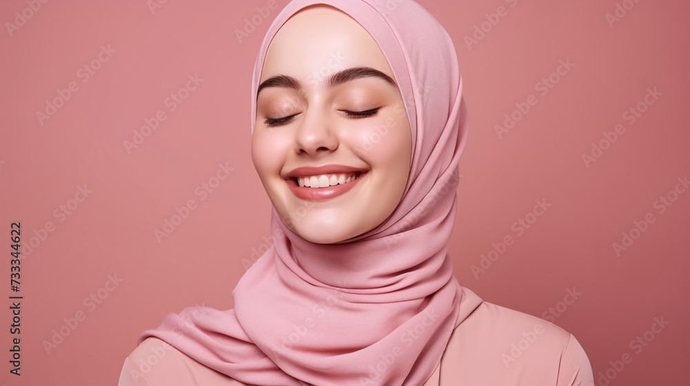 Portrait of positive Muslim woman smiling cheerfully. She is wearing pink hijab, on pink background. Portrait of positive Muslim woman smiling cheerfully. She is wearing pink hijab, on pink background.