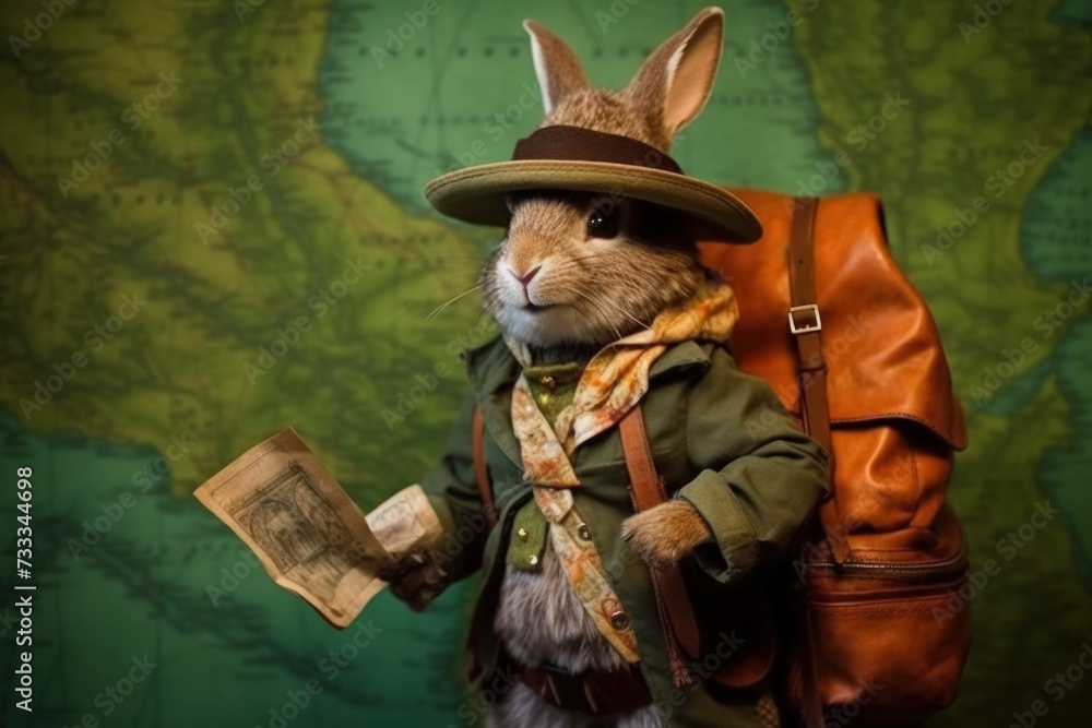 Fototapeta premium Adventurous Rabbit with Map and Backpack