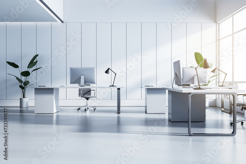 Bright modern office with white desks, chairs, panel lights, and large windows. Urban view. 3D Rendering