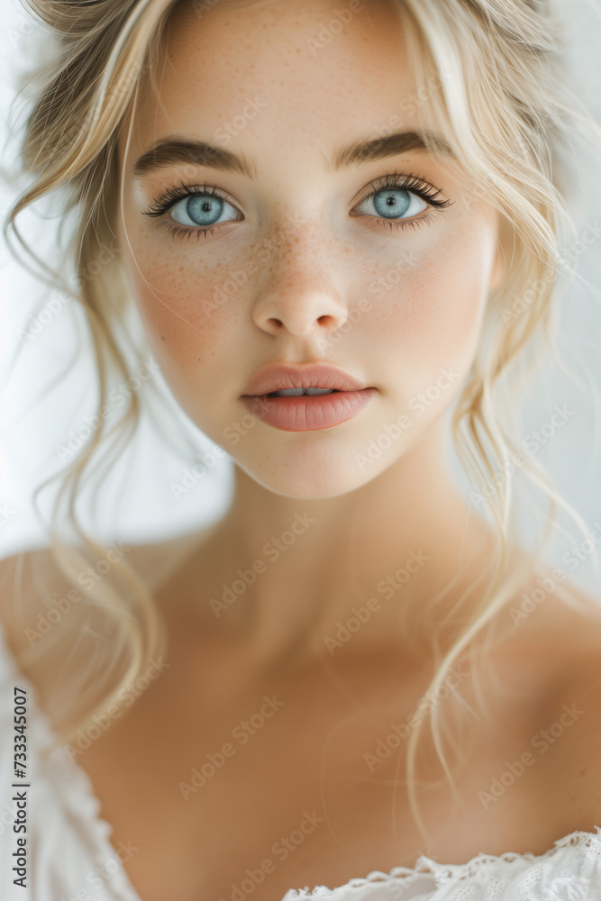 Close-up portrait of a beautiful young blonde woman with blue eyes Close-up portrait of a beautiful young blonde woman with blue eyes