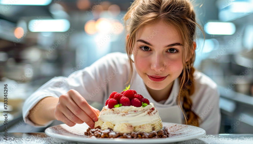 Female Pastry Chef Presenting Decorated Cake. Young female chef in a professional kitchen