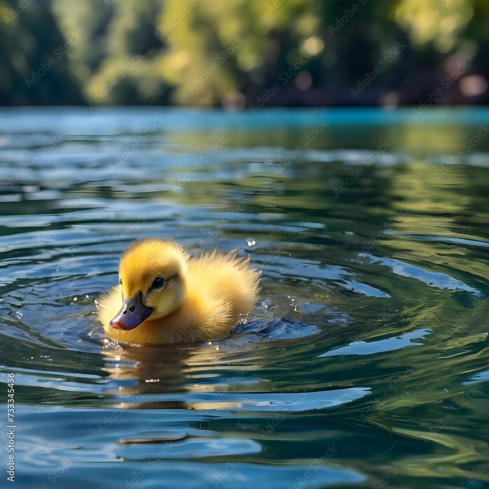 yellow duck swimming in bright blue lake yellow duck swimming in bright blue lake